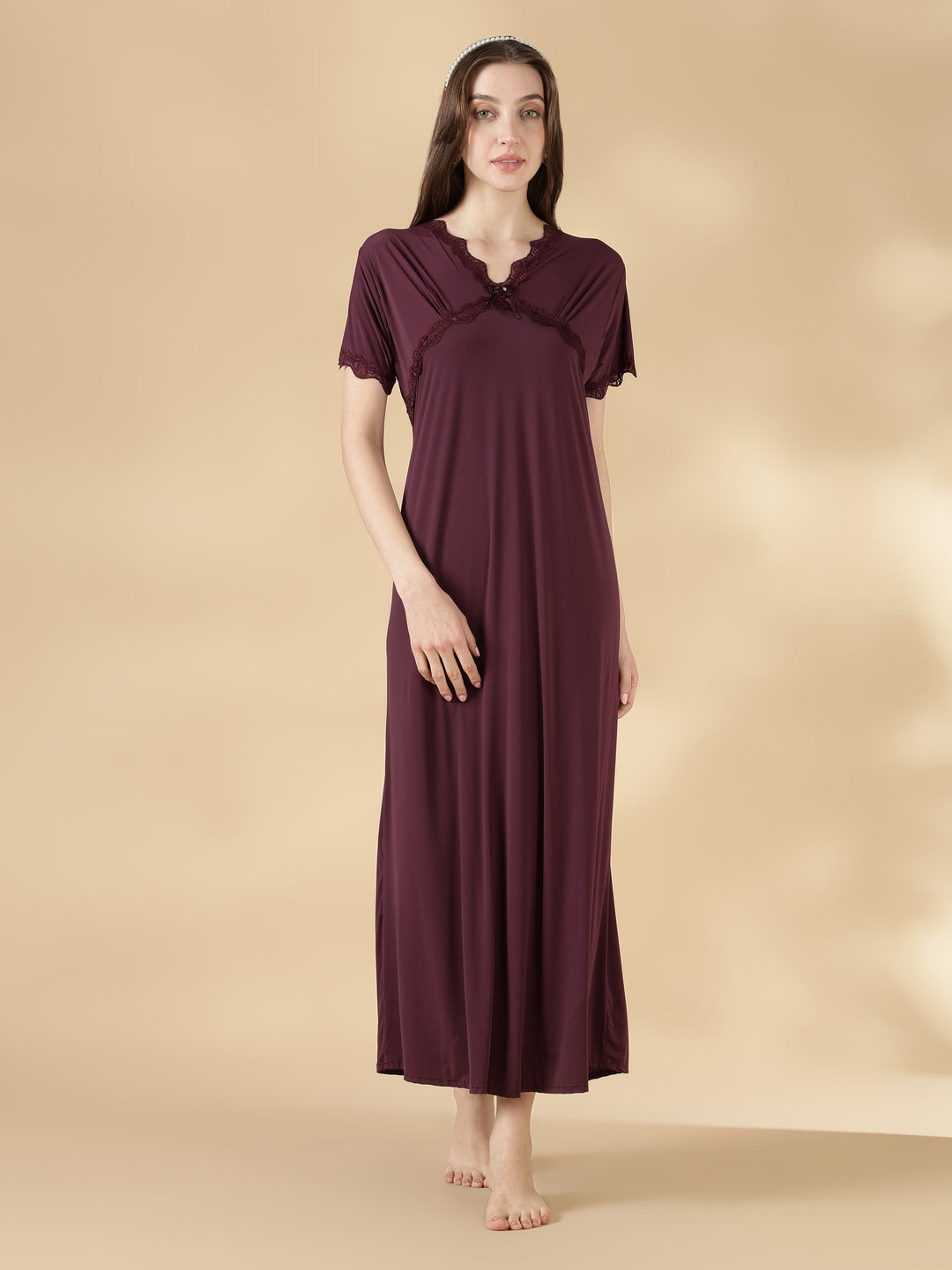 Malai satin designer nightwear for women in dark purple