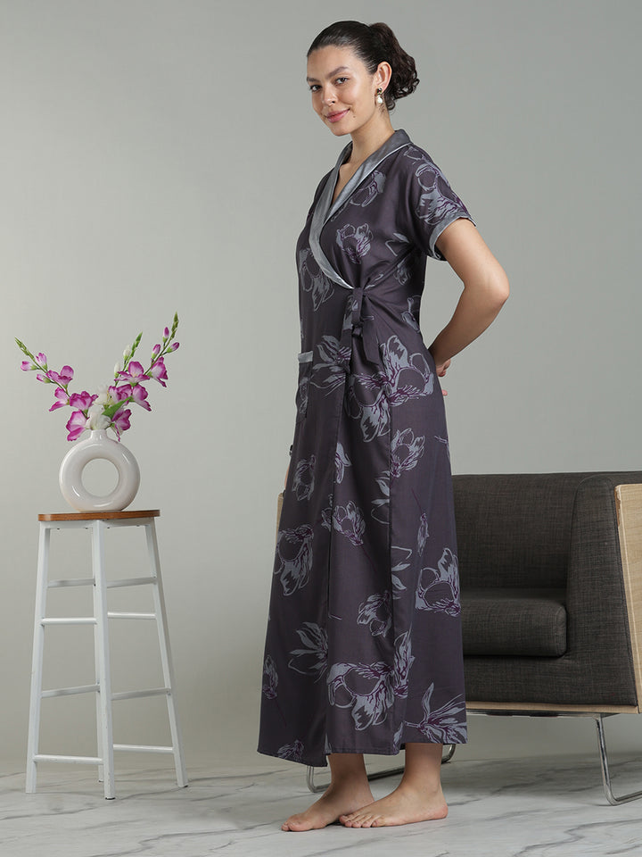Plum Mist Viscose Blend Housecoat with Floral Sketch Print for Women