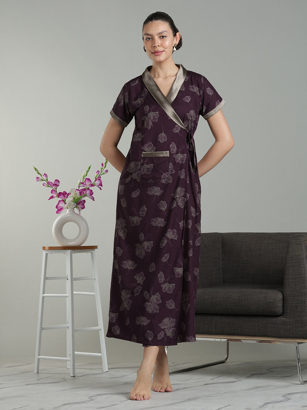 Dark wine viscose blend premium quaity housecoat for women