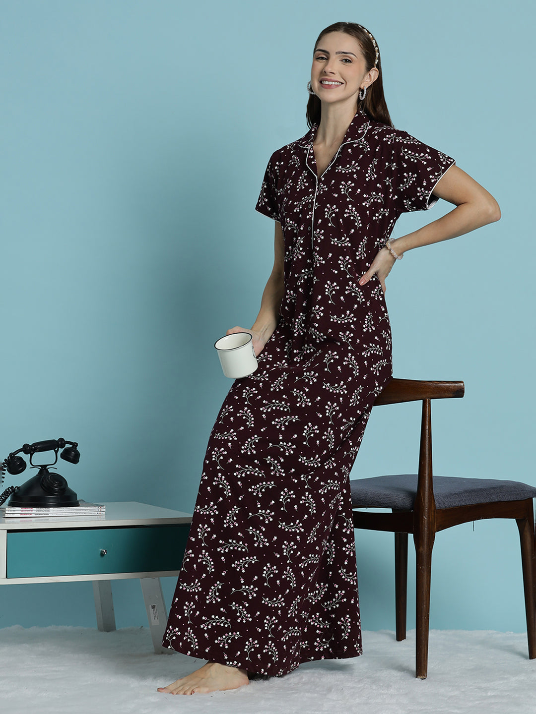 Deep maroon hosiery cotton nighty dress for women