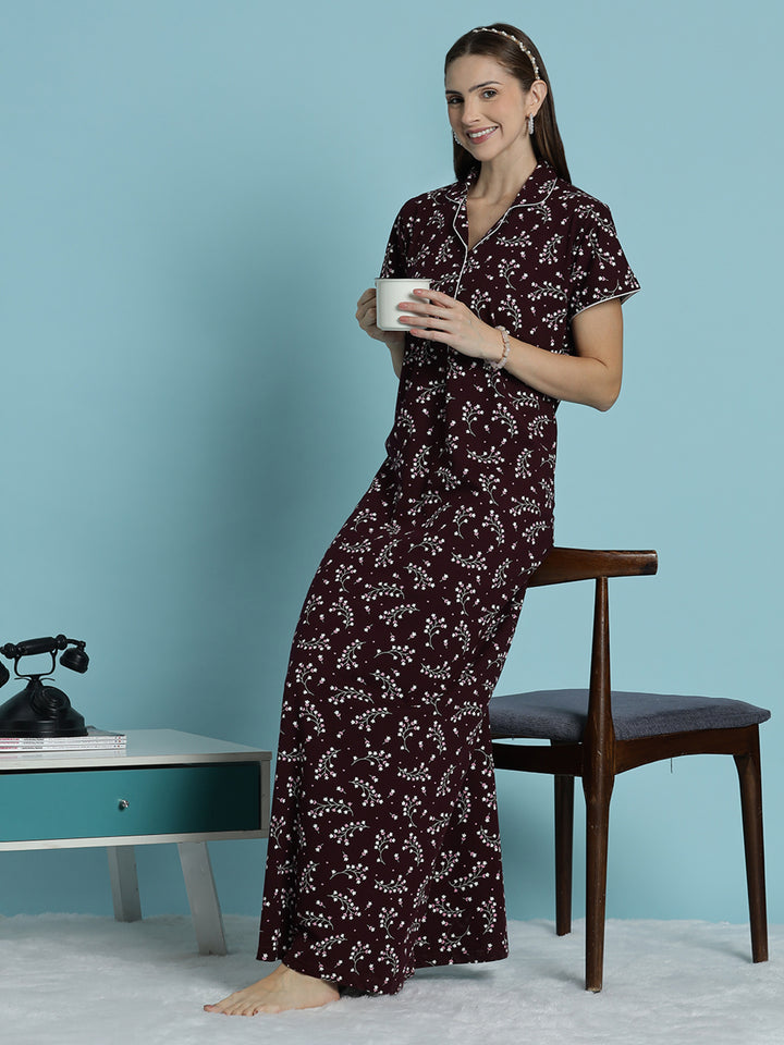 Deep maroon hosiery cotton nighty dress for women