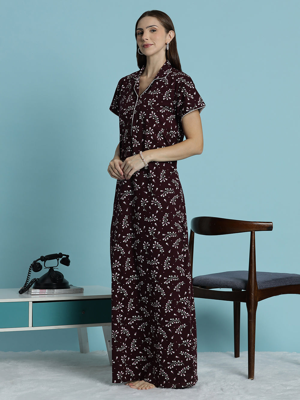 Deep maroon hosiery cotton nighty dress for women