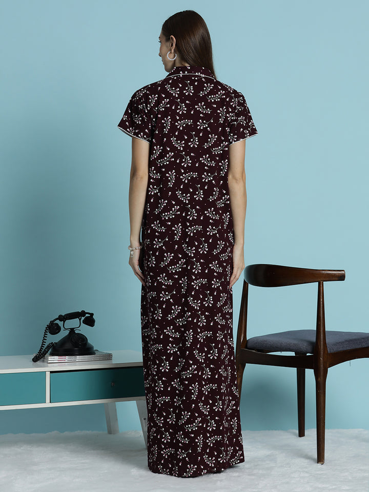 Deep maroon hosiery cotton nighty dress for women