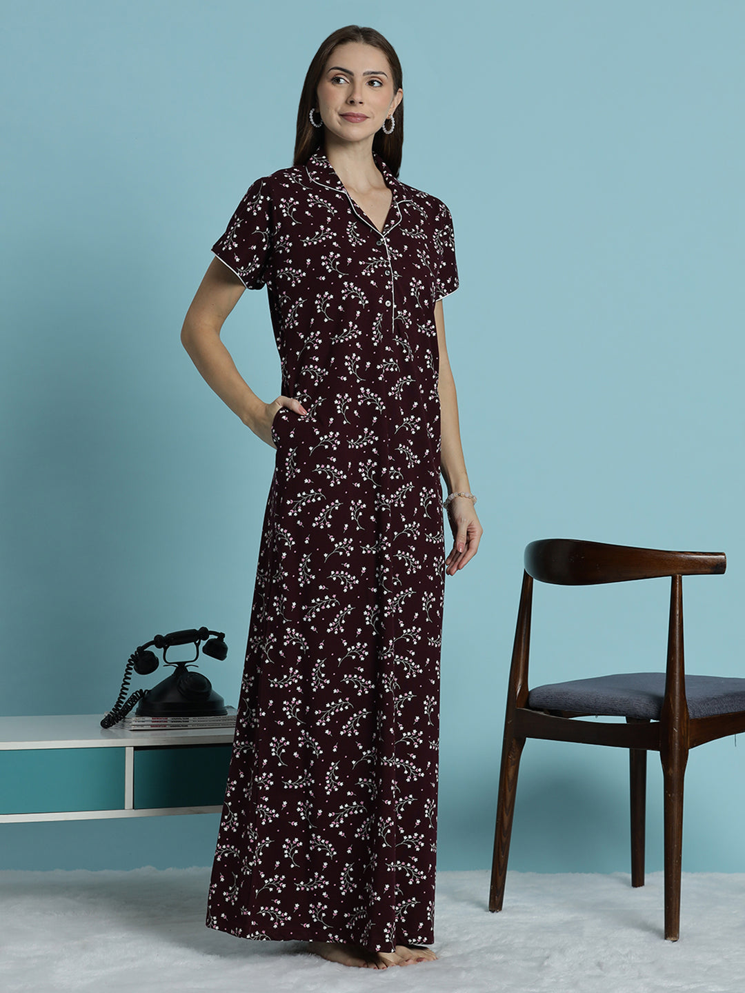 Deep maroon hosiery cotton nighty dress for women