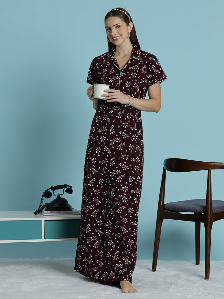 Deep maroon hosiery cotton nighty dress for women