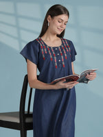 Elegant Denim Cotton Nighty with Vine Leaf Embroidery for Women