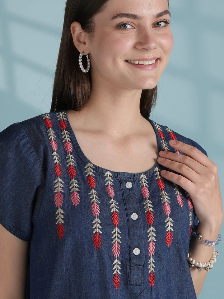 Dark blue denim inspired cotton nighty with vine embroidery
