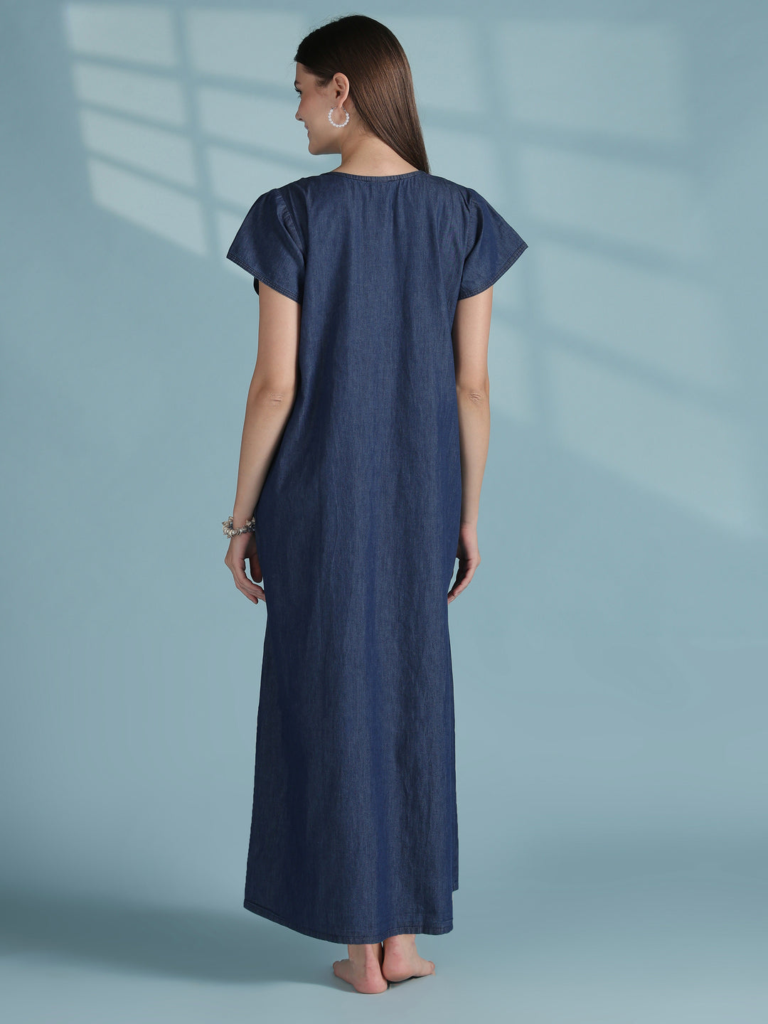 Dark blue denim inspired cotton nighty with vine embroidery
