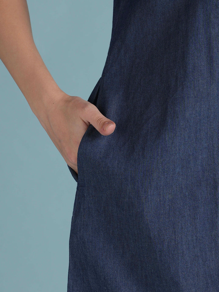 Dark blue denim inspired cotton nighty with vine embroidery