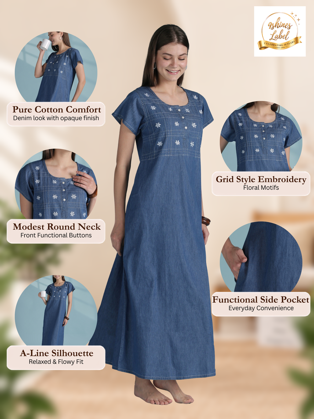 Sky blue grid embroidered denim nighty dress for women