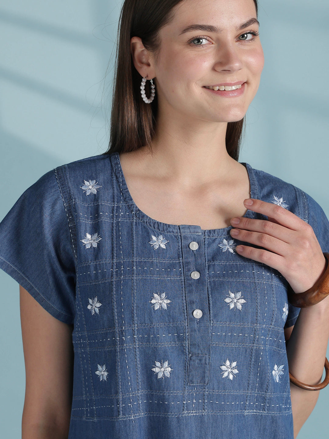 Sky blue grid embroidered denim nighty dress for women