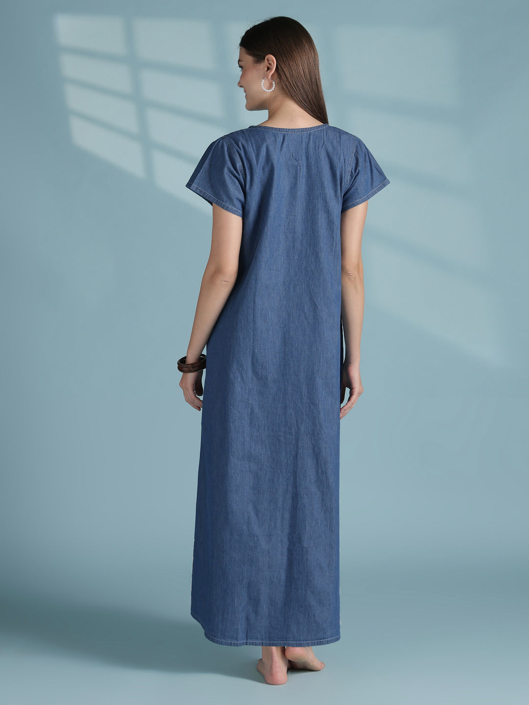 Sky blue grid embroidered denim nighty dress for women