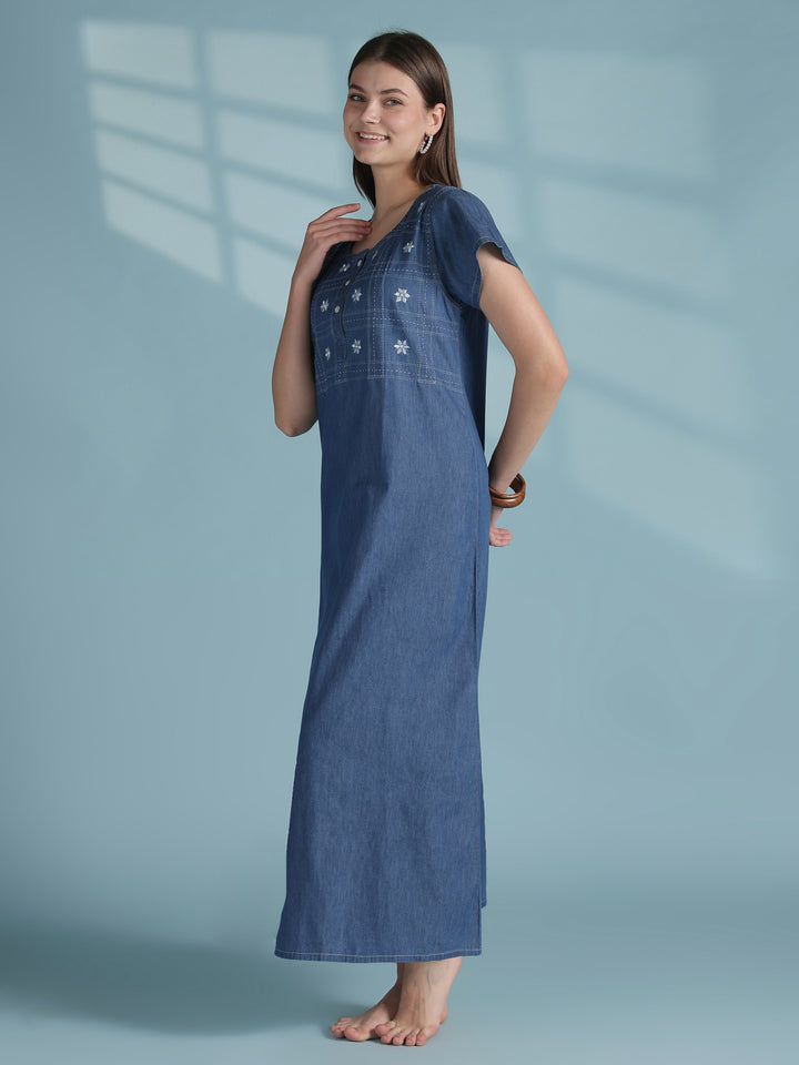 Sky blue grid embroidered denim nighty dress for women