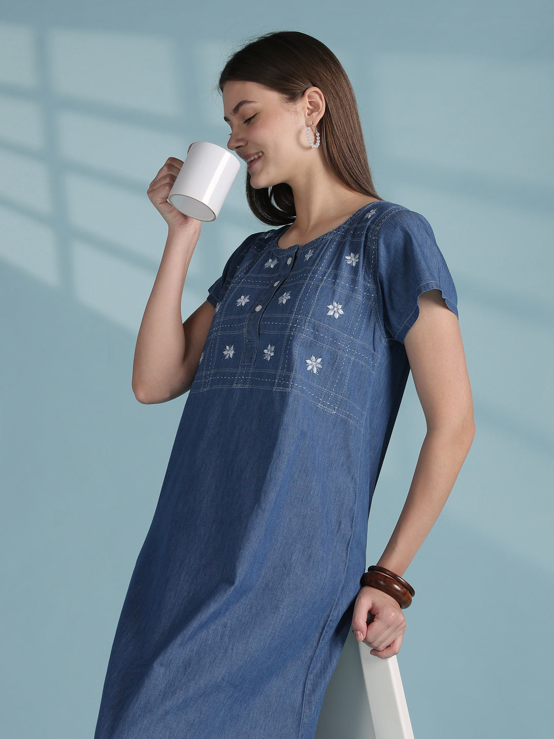 Sky blue grid embroidered denim nighty dress for women