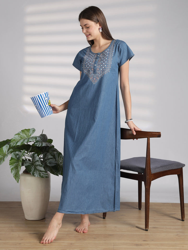 Sky blue denim feel nighty for women with embroidery