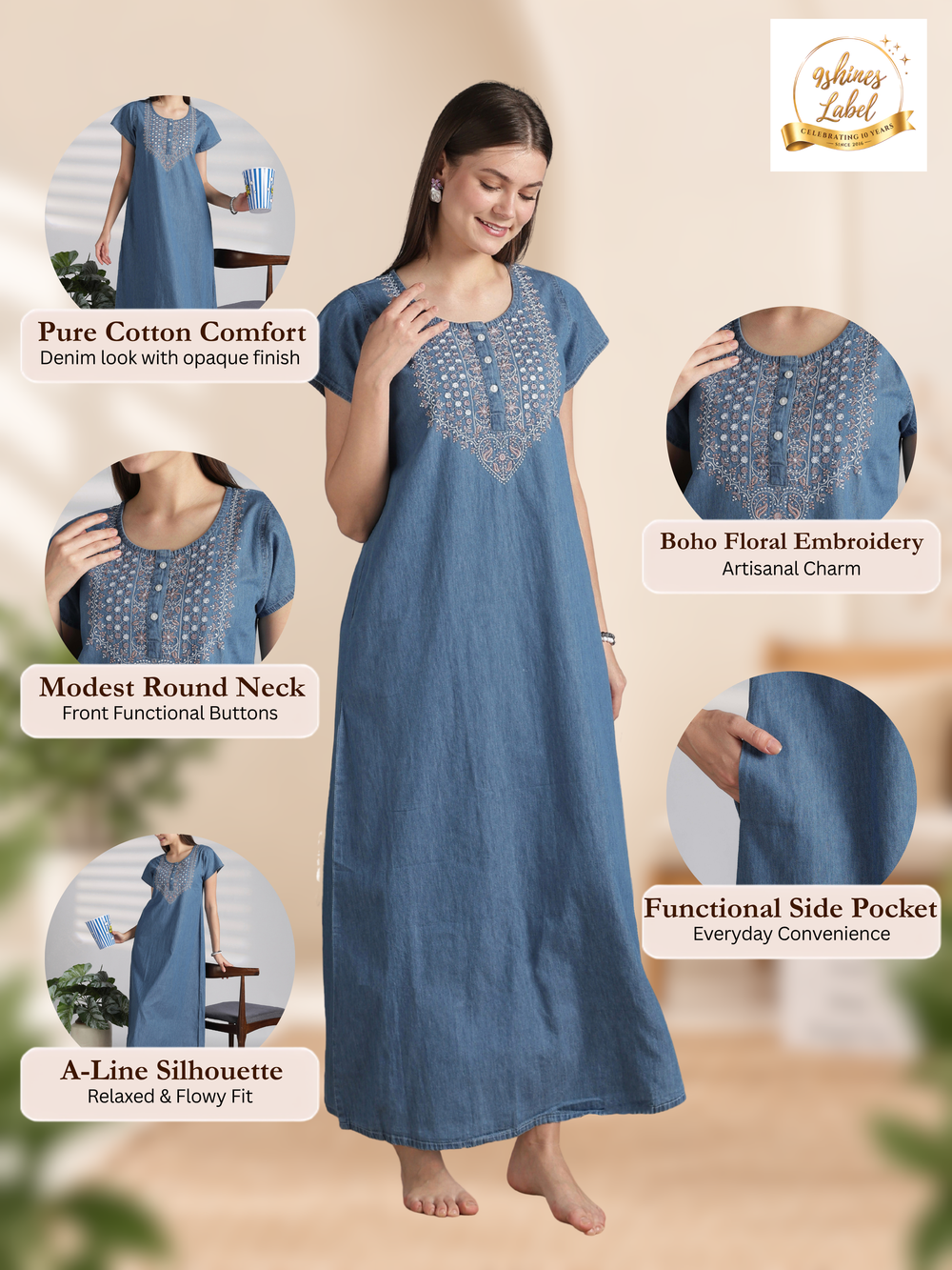 Sky blue denim feel nighty for women with embroidery