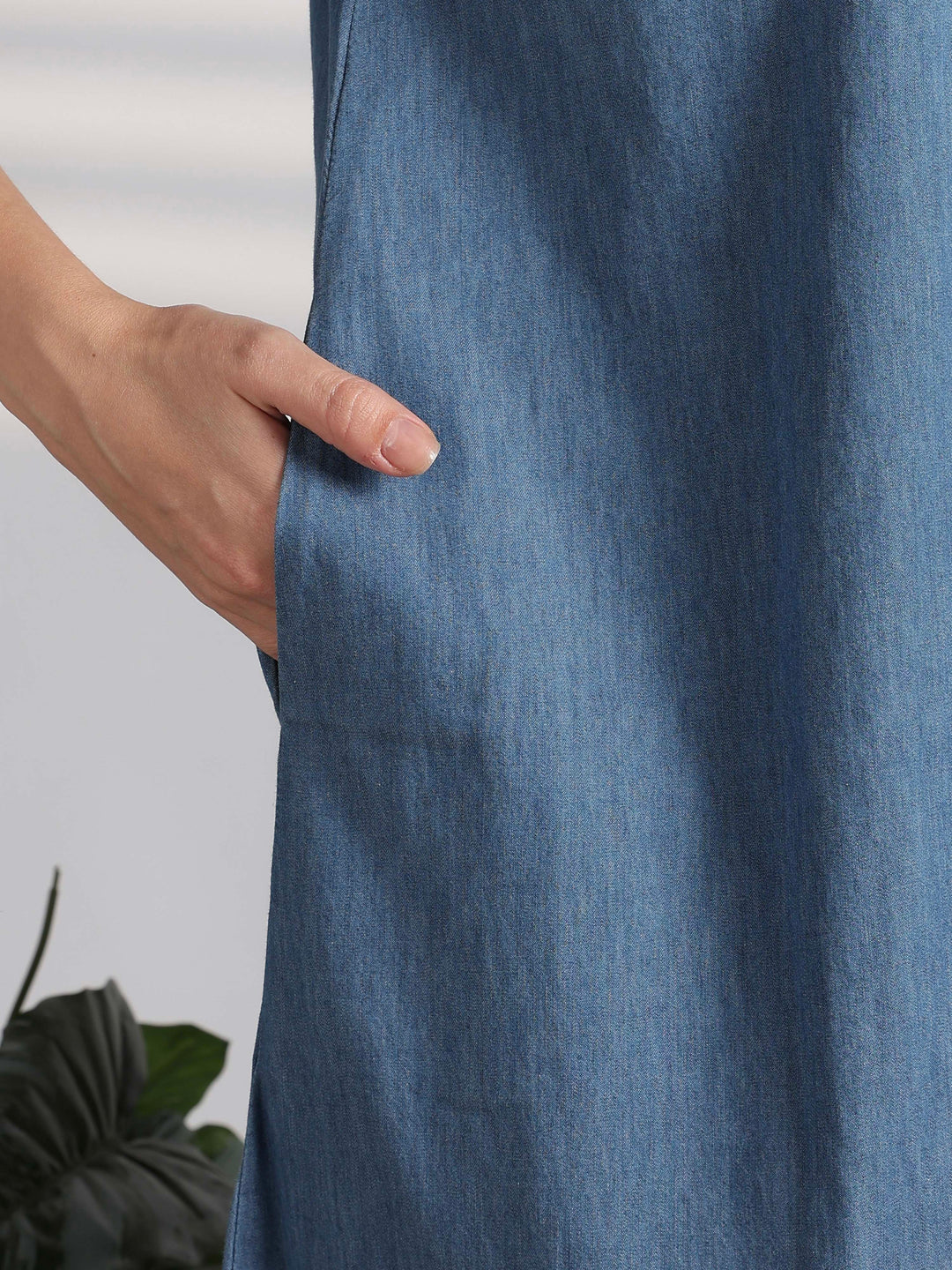 Sky blue denim feel nighty for women with embroidery