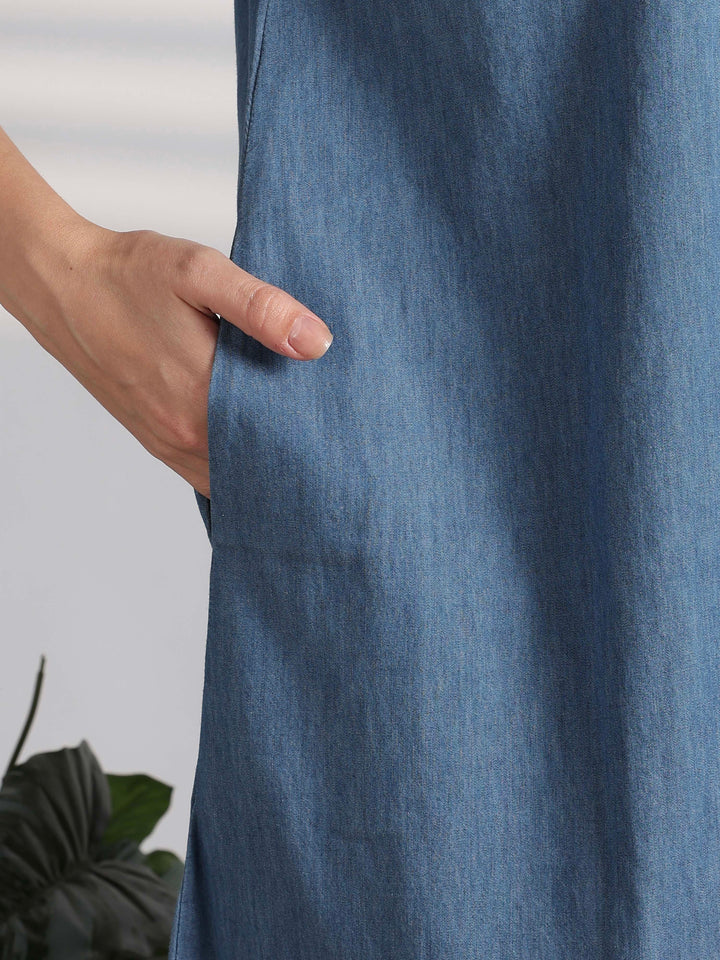 Sky blue denim feel nighty for women with embroidery