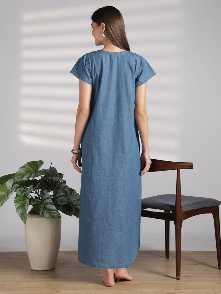 Sky blue denim feel nighty for women with embroidery