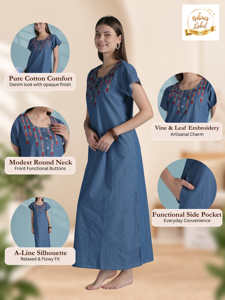 Sky blue denim nighty for women with embroidered neck