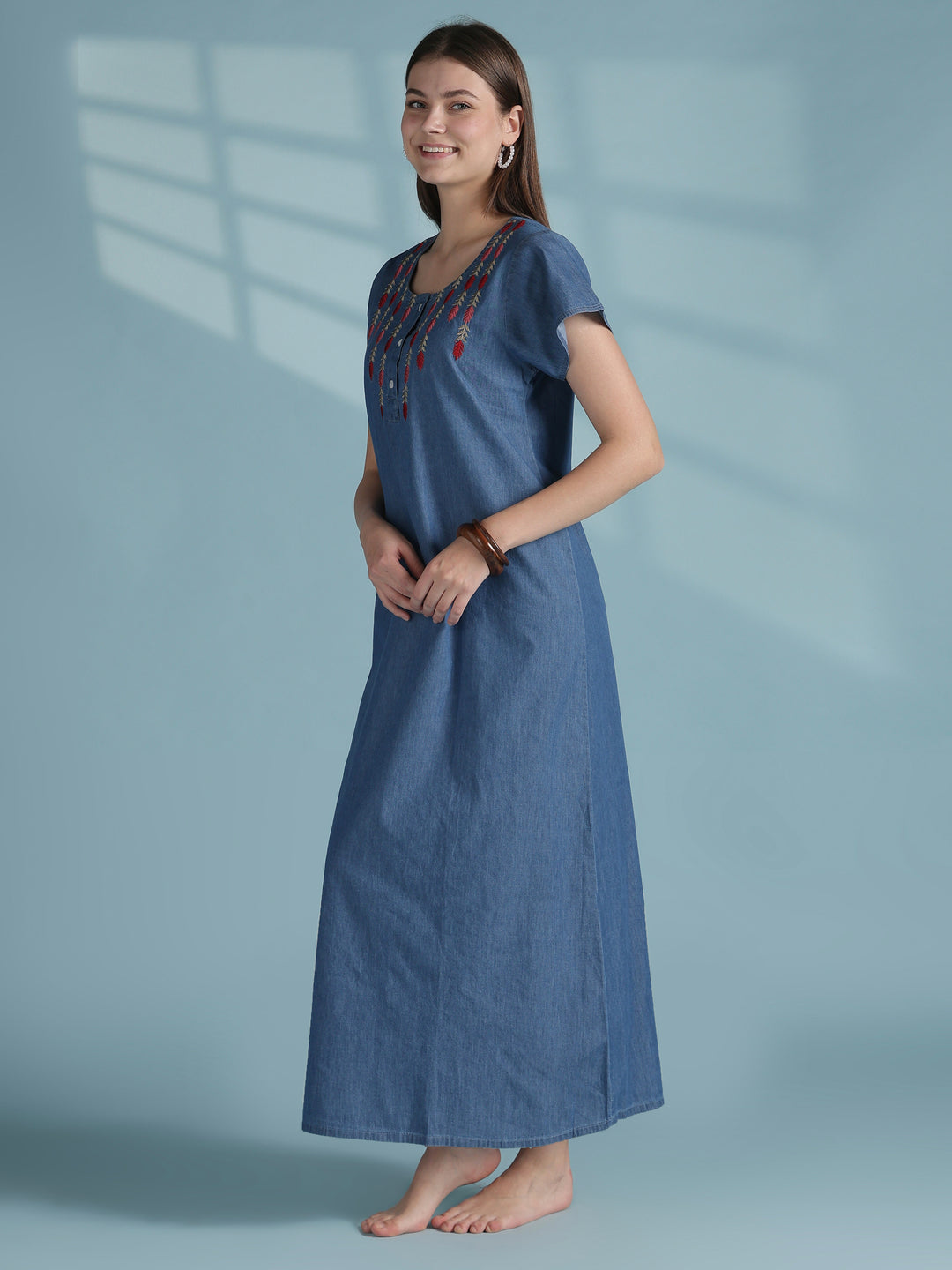 Sky blue denim nighty for women with embroidered neck