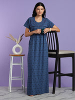 Denim Sprig Cotton Blend Nightdress for Women with Front Buttons