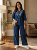 Dark Blue Denim Wash Cotton Co Ord Set for Women with Embroidery