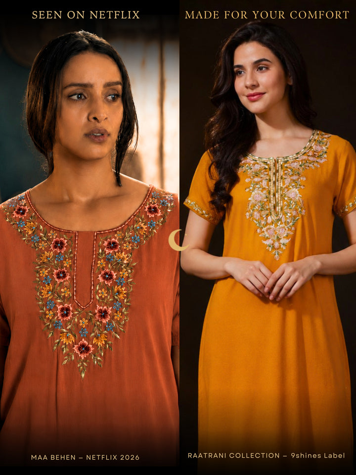 Raatrani Mustard Yellow Alpine Nighty - Luxurious Embroidery &amp; All-Season Comfort