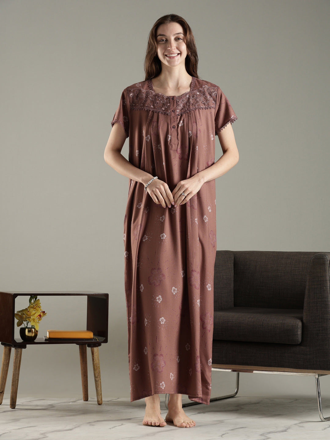 Dusty cocoa alpine floral pleated nighty for women