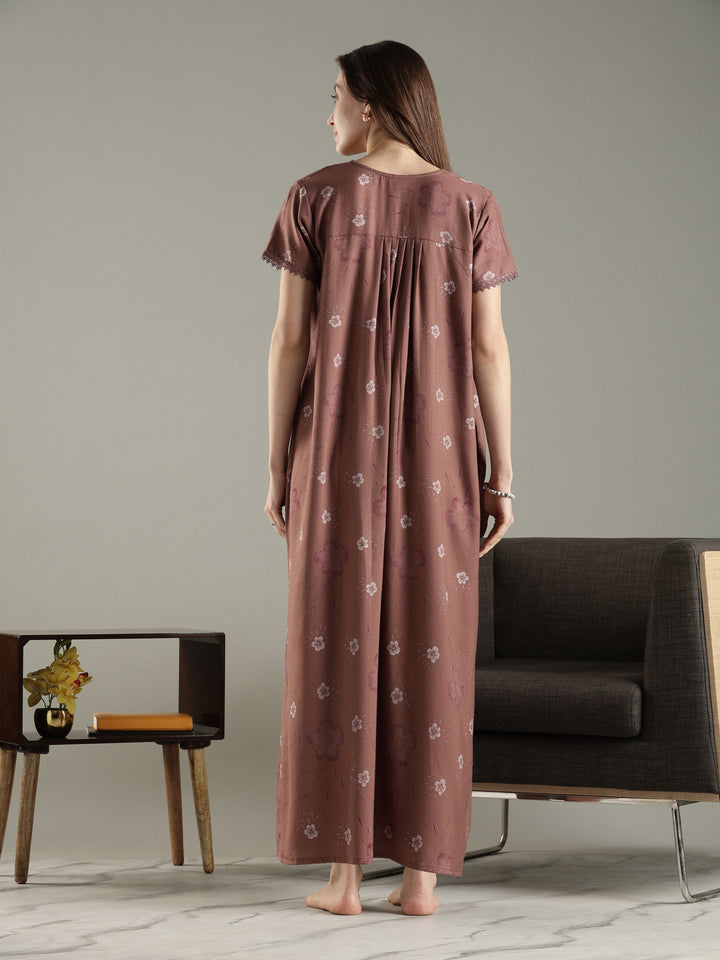 Dusty cocoa alpine floral pleated nighty for women