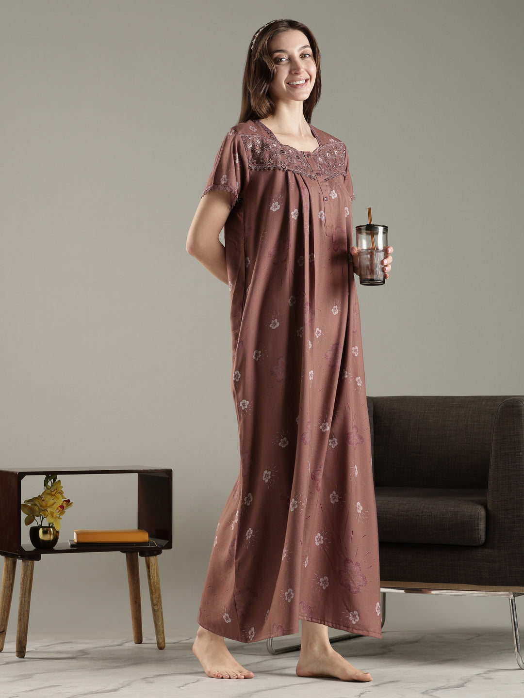 Dusty cocoa alpine floral pleated nighty for women