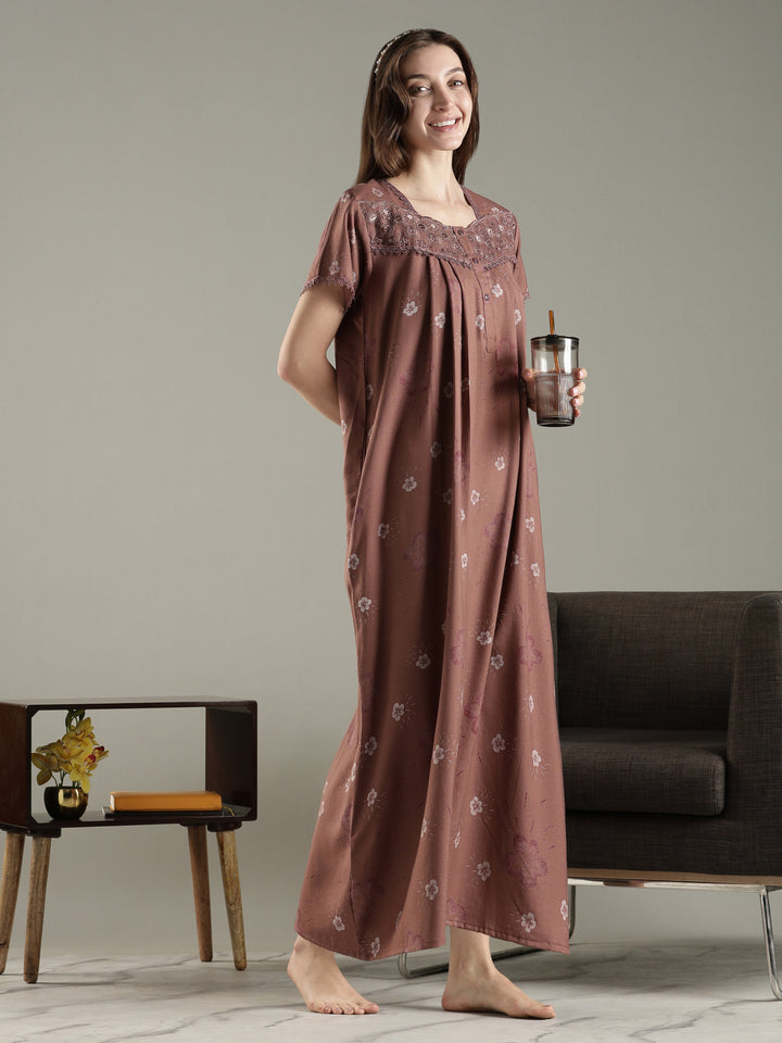 Dusty cocoa alpine floral pleated nighty for women