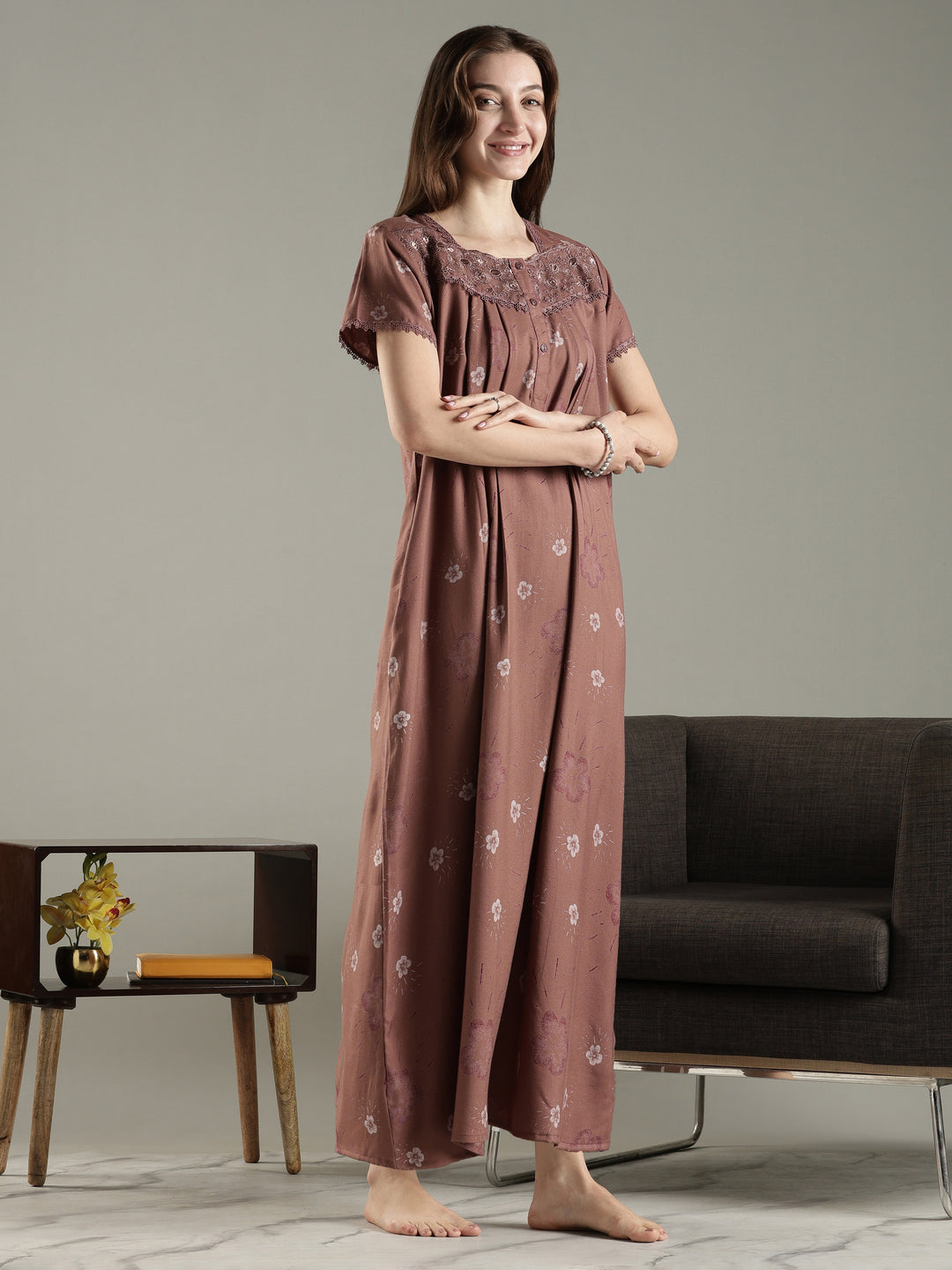 Dusty cocoa alpine floral pleated nighty for women