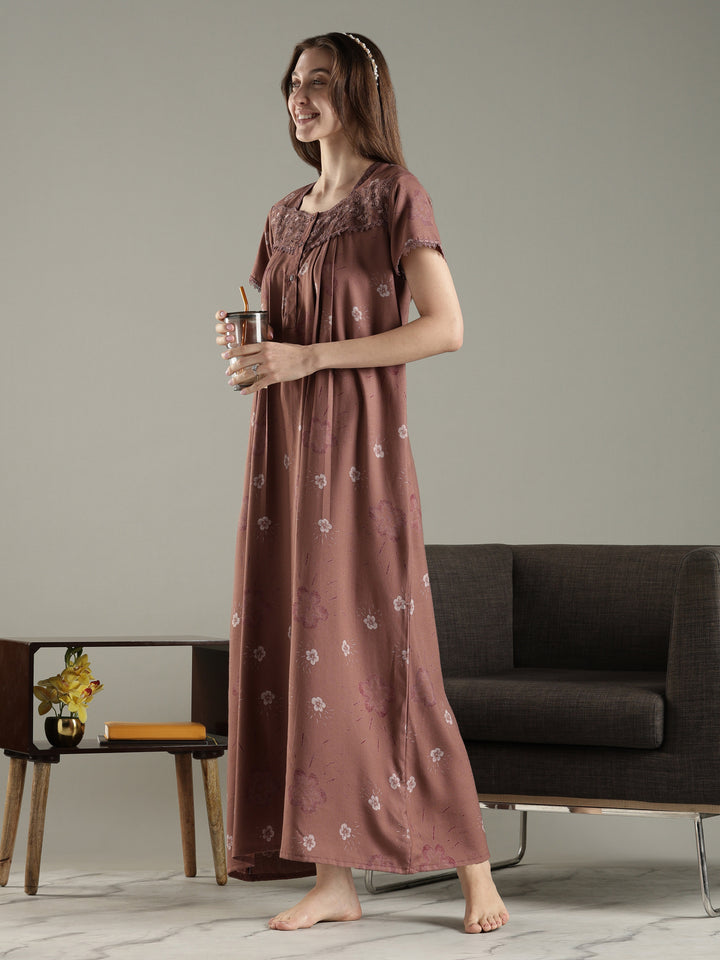 Dusty cocoa alpine floral pleated nighty for women