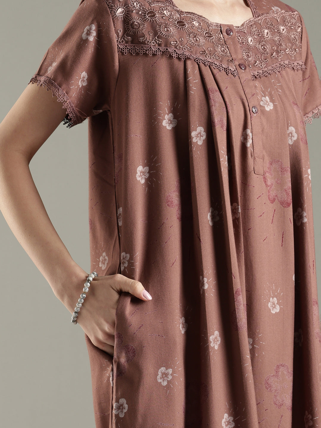 Dusty cocoa alpine floral pleated nighty for women