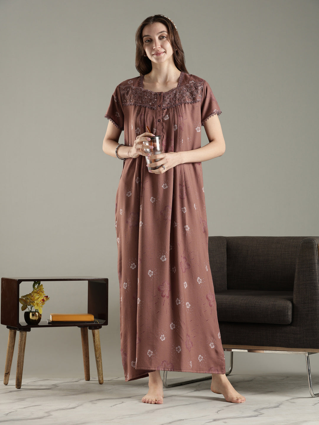 Dusty cocoa alpine floral pleated nighty for women