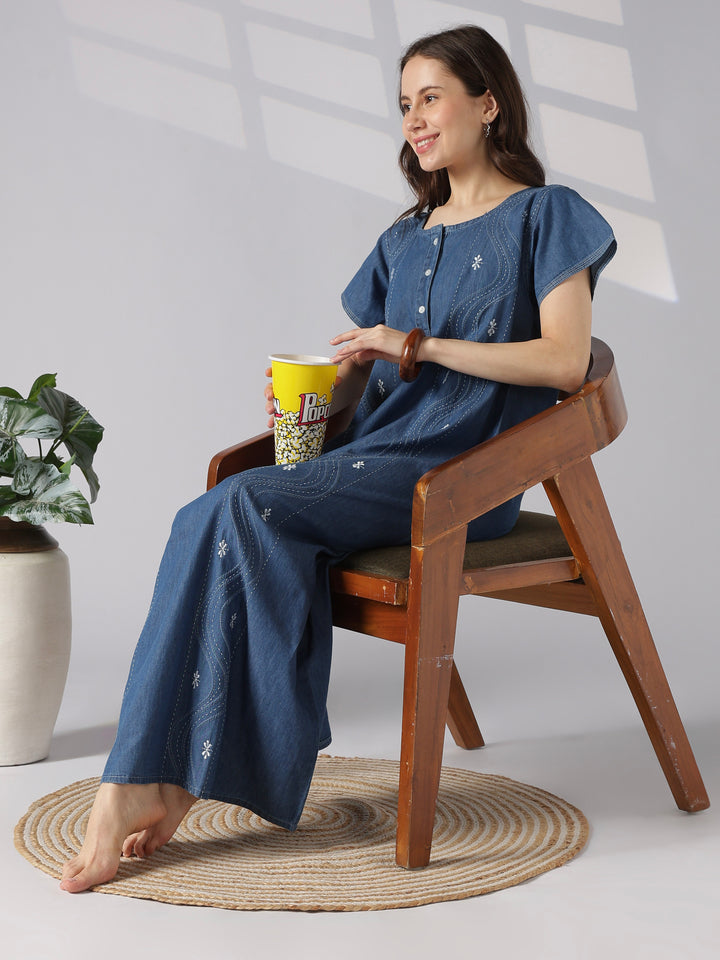 Wave stitch embroidered nighty dress for women online