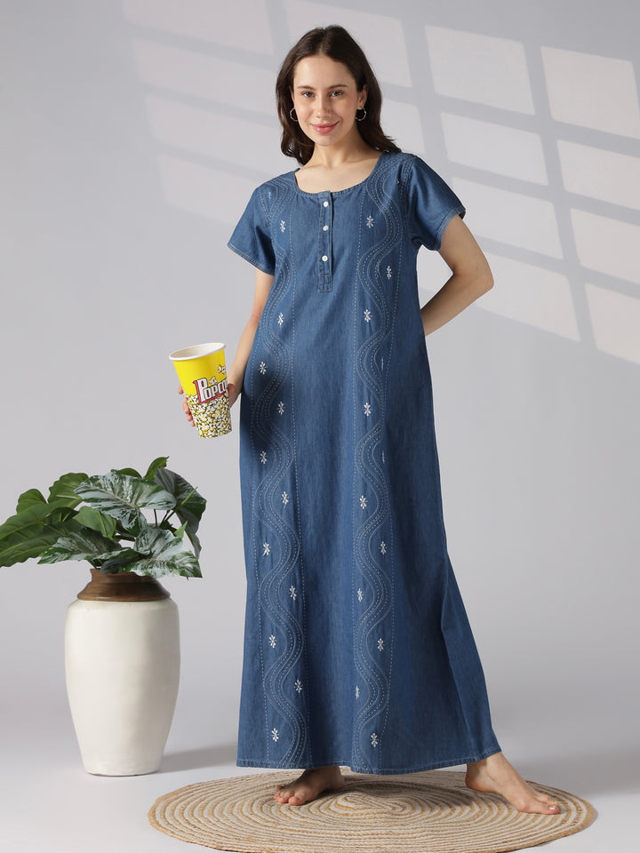 Wave stitch embroidered nighty dress for women online