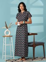 Embroidered Pure Cotton Nighty with Mandarin Collar in Flora Teal