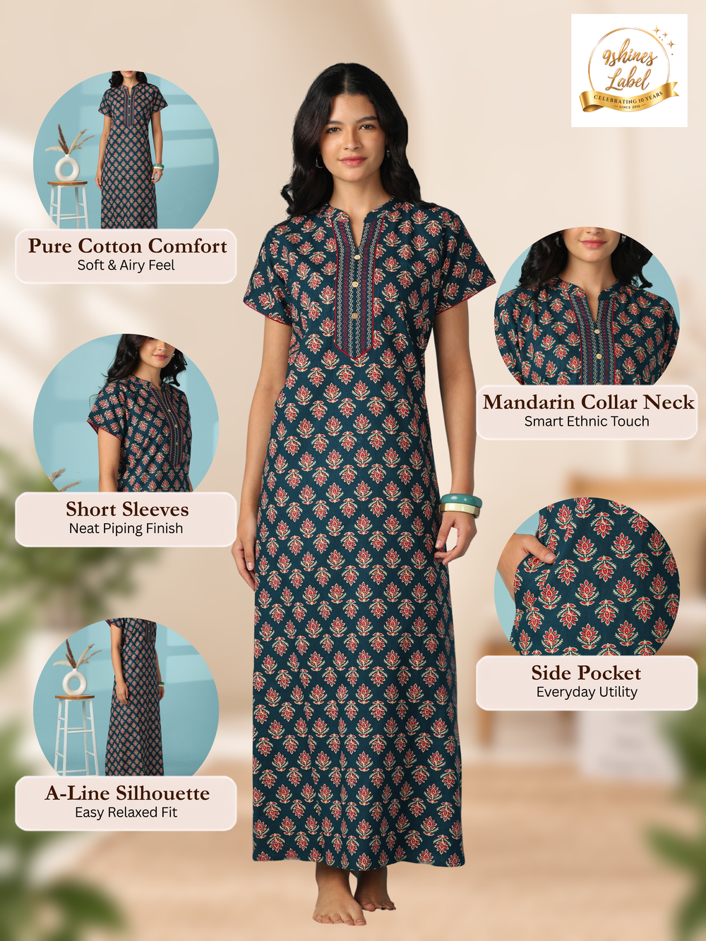 Embroidered pure cotton designer night dress for women