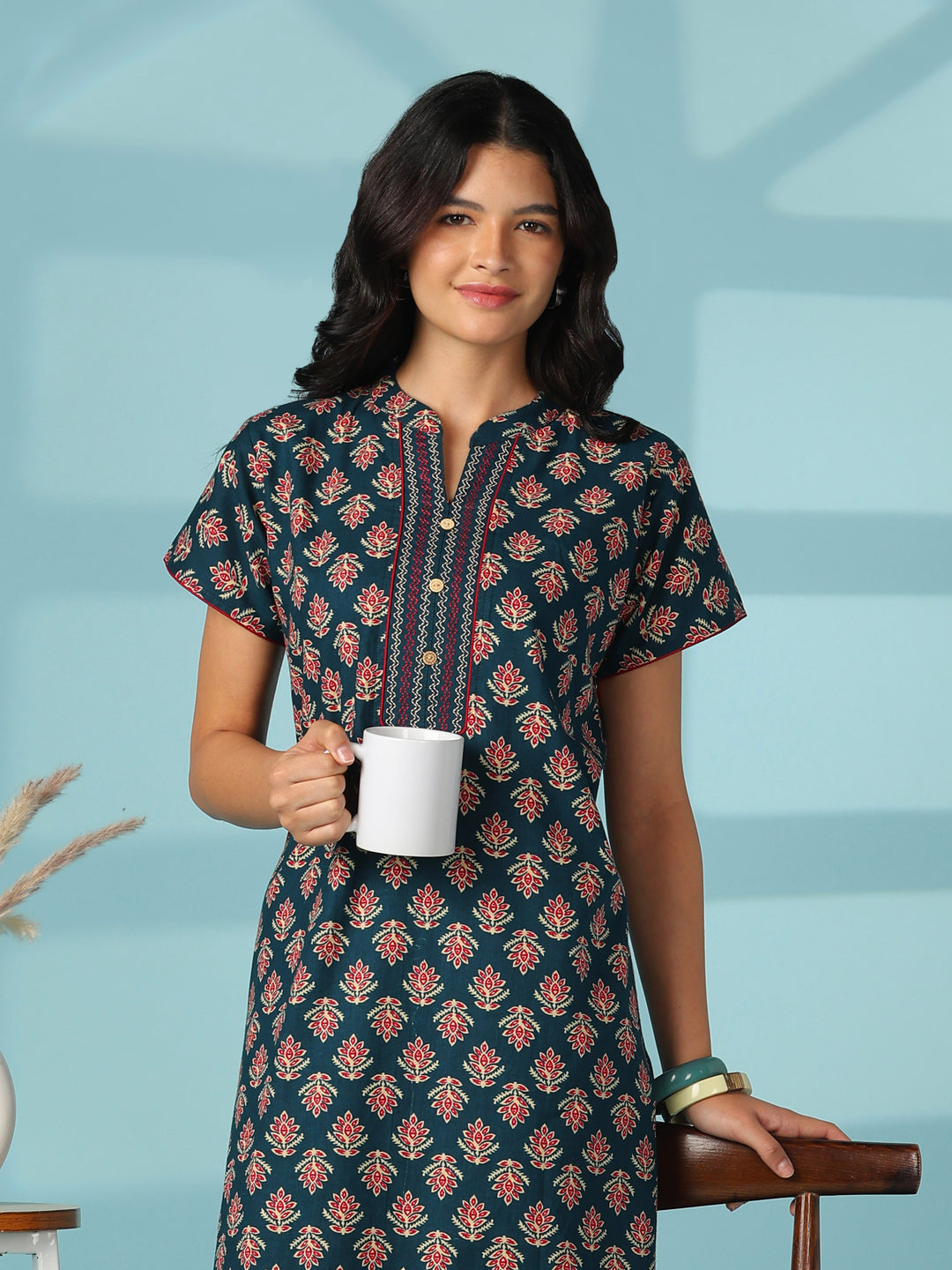 Embroidered pure cotton designer night dress for women