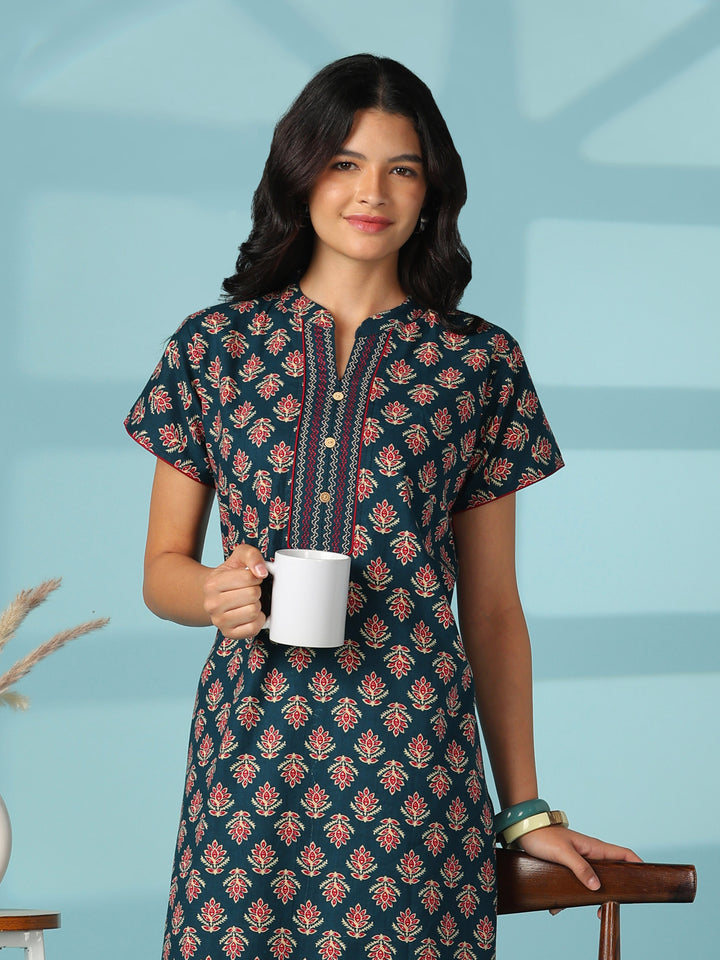 Embroidered pure cotton designer night dress for women