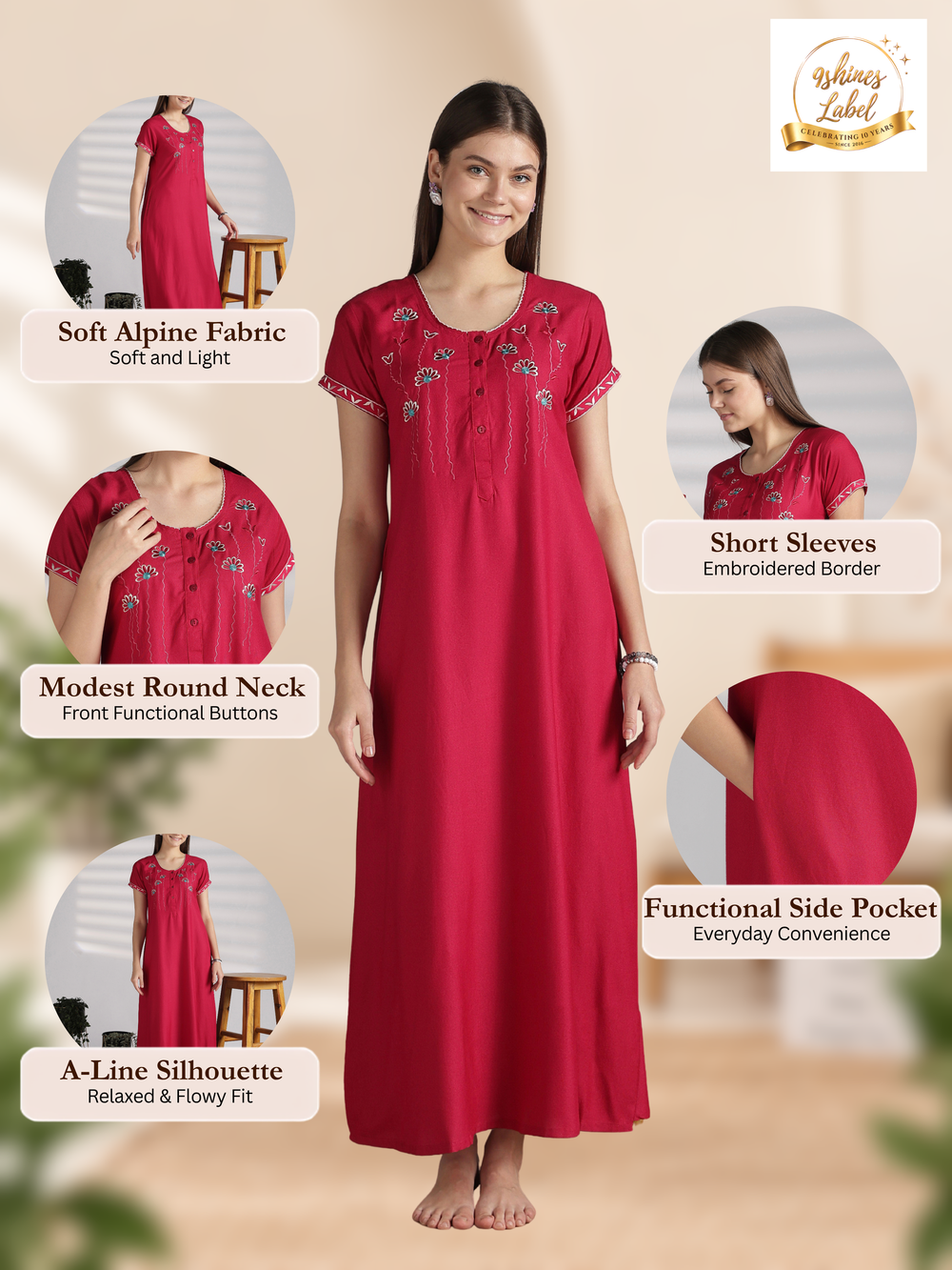 Alpine nighty for women with embroidery round neck online
