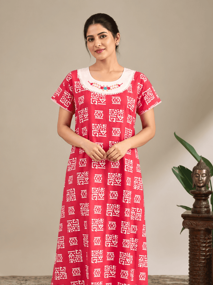 Pure cotton embroidered kaftan nighty for women online