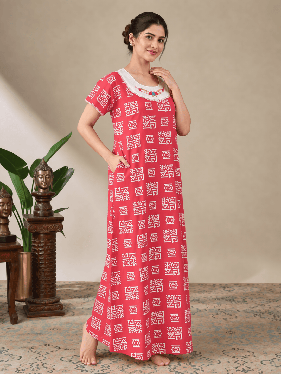 Pure cotton embroidered kaftan nighty for women online