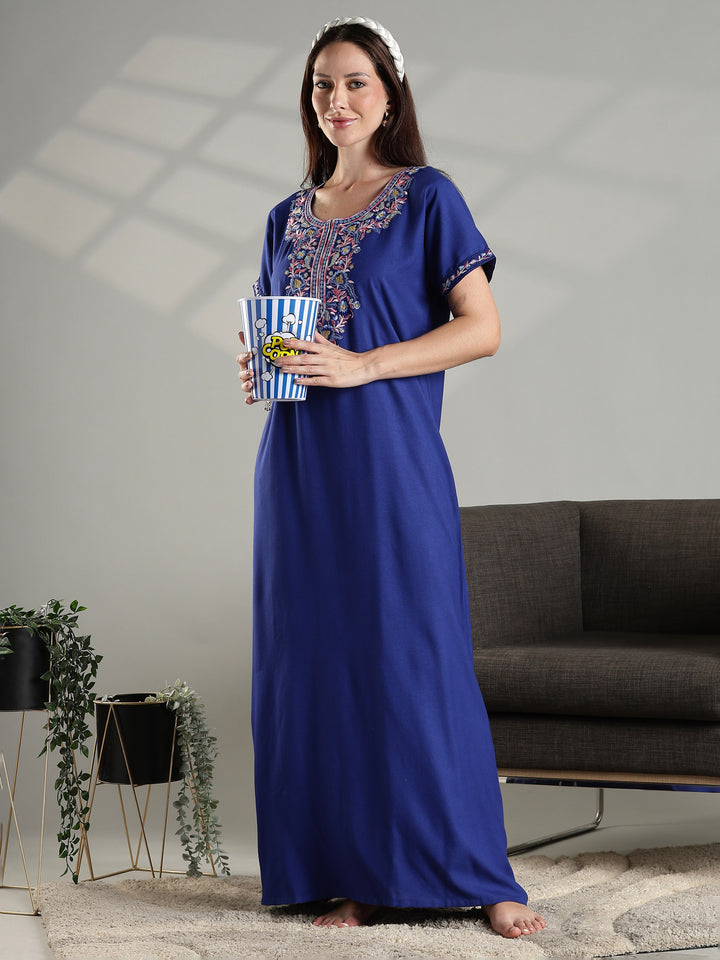 Royal blue summer nightwear for women featuring intricate floral embroidery.
