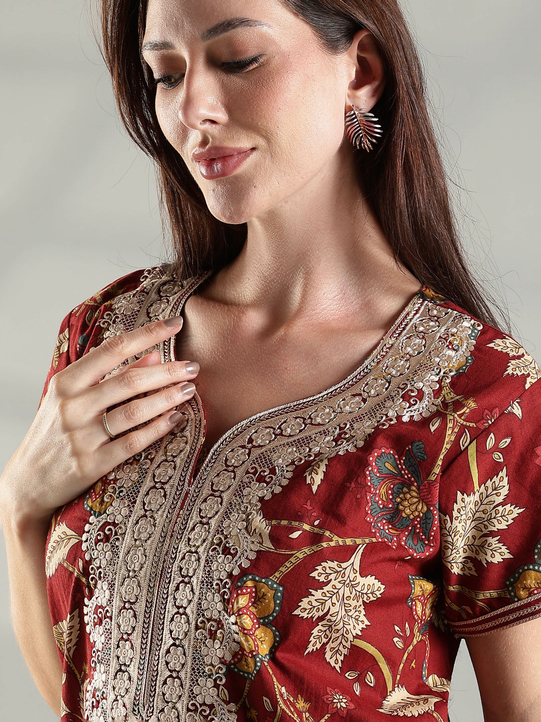 Rust floral cotton embroidery nighty for women with pocket