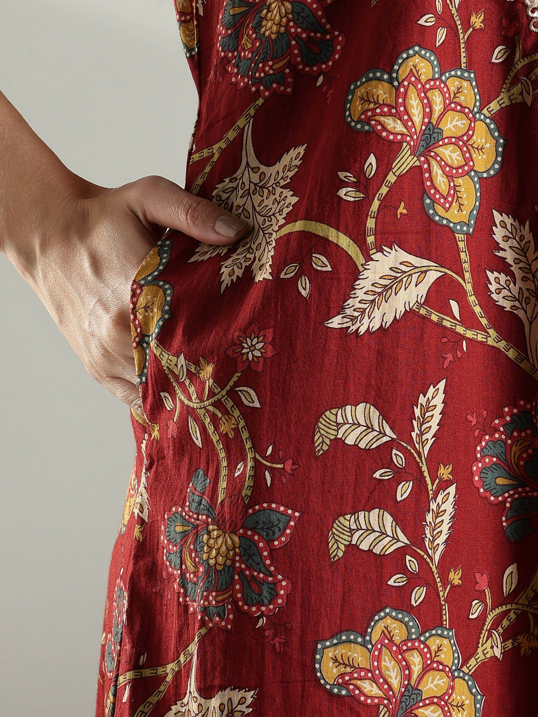 Rust floral cotton embroidery nighty for women with pocket