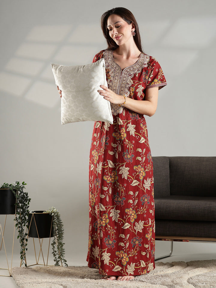 Rust floral cotton embroidery nighty for women with pocket