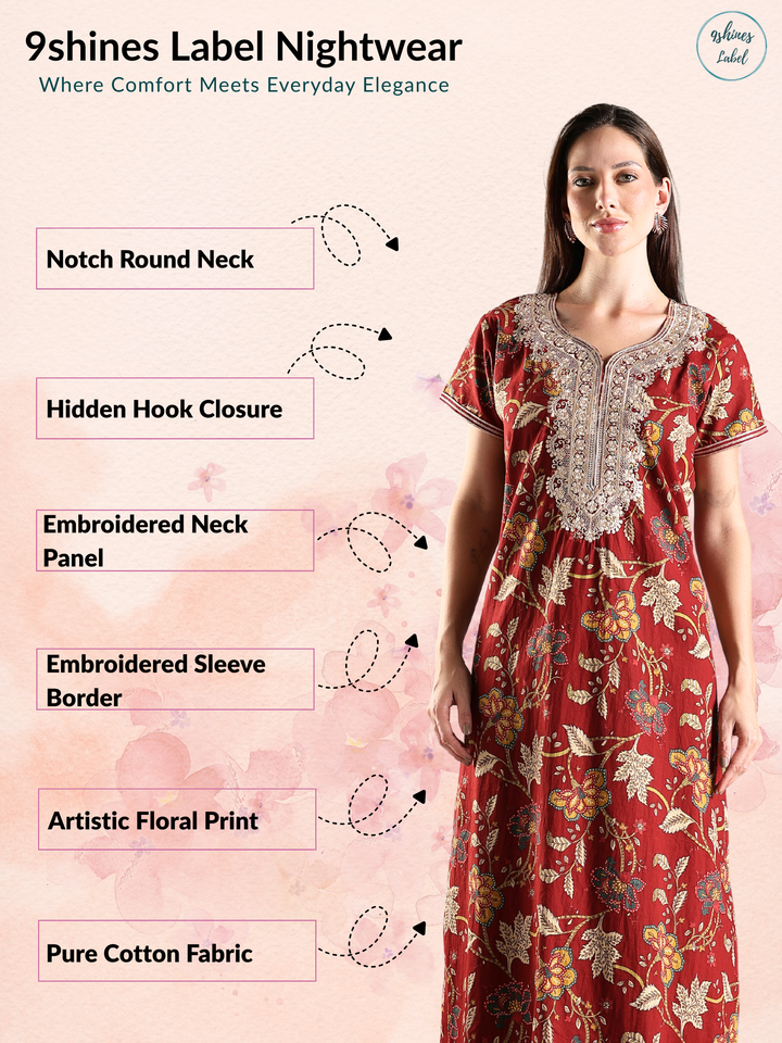 Rust floral cotton embroidery nighty for women with pocket